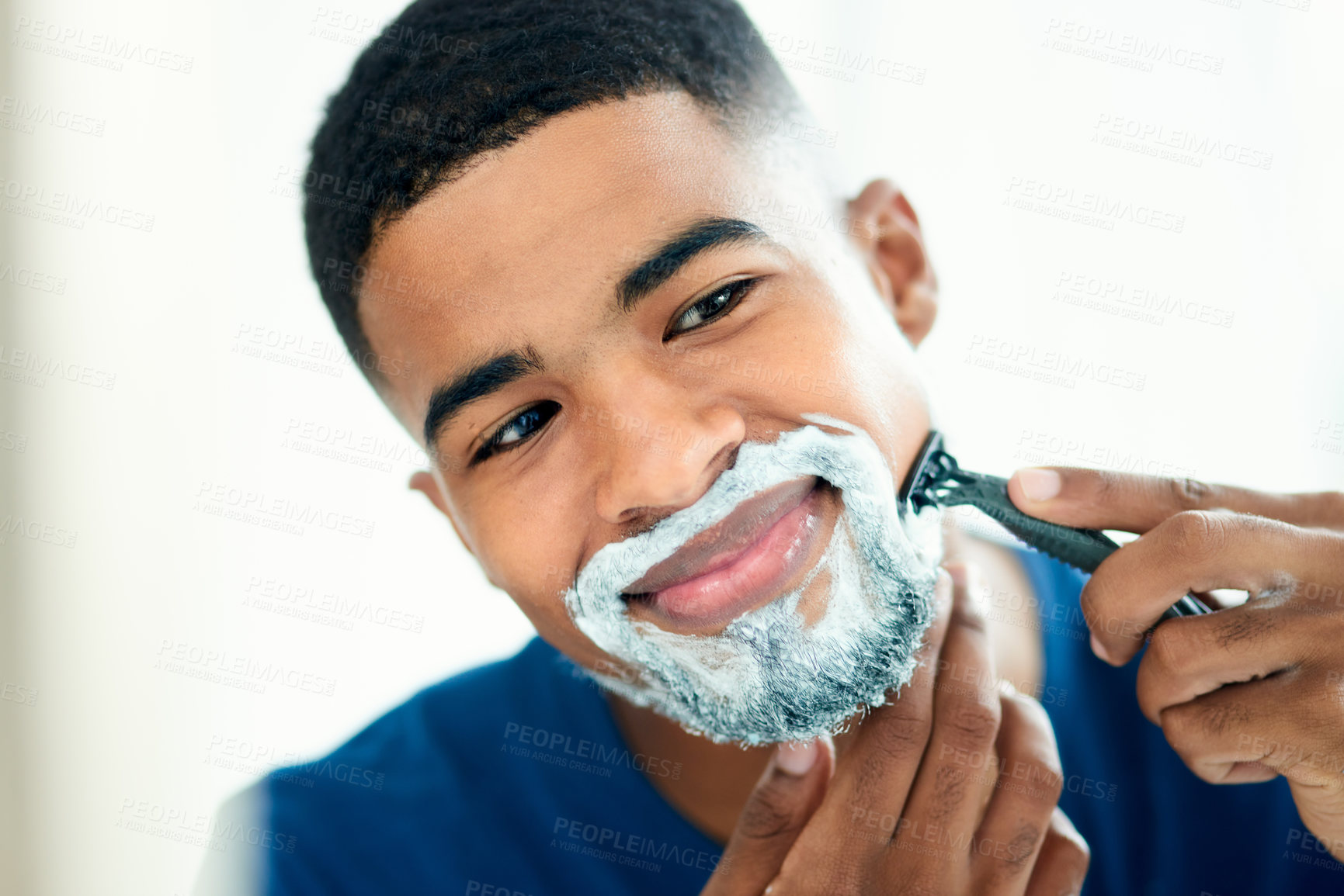 Buy stock photo Hair removal, mirror and shaving with man in bathroom for grooming, morning routine and cleaning. Skincare, razor and self care with face of male person at home for facial, beard and hygiene