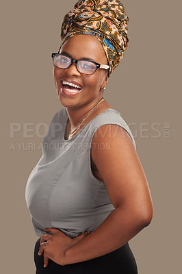 Buy stock photo Black business woman, happy and portrait in studio for career, growth or excited for job by background. African entrepreneur, person and smile for pride, fashion or confident at creative media agency