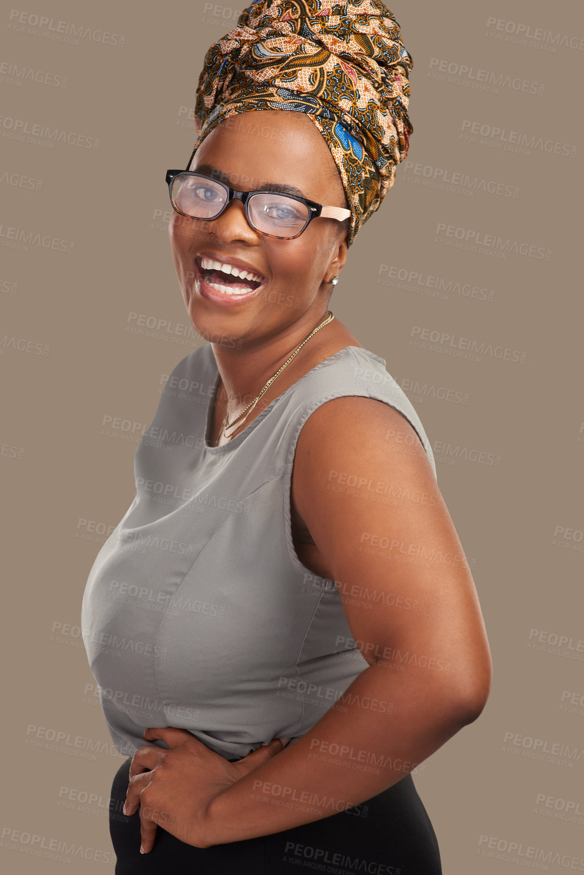 Buy stock photo Black business woman, happy and portrait in studio for career, growth or excited for job by background. African entrepreneur, person and smile for pride, fashion or confident at creative media agency