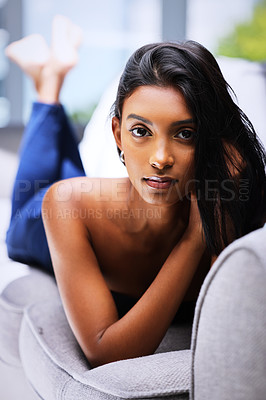 Buy stock photo Cropped portrait of a beautiful young woman at home