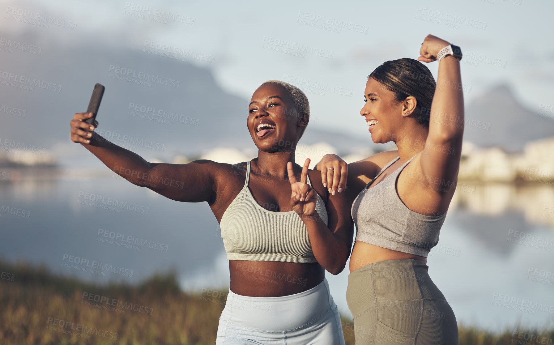 Buy stock photo Fitness, woman taking selfie and workout in nature with plus size. Motivation or success, exercise or training and happy or cheerful female people winning photo with a cellphone outdoors together