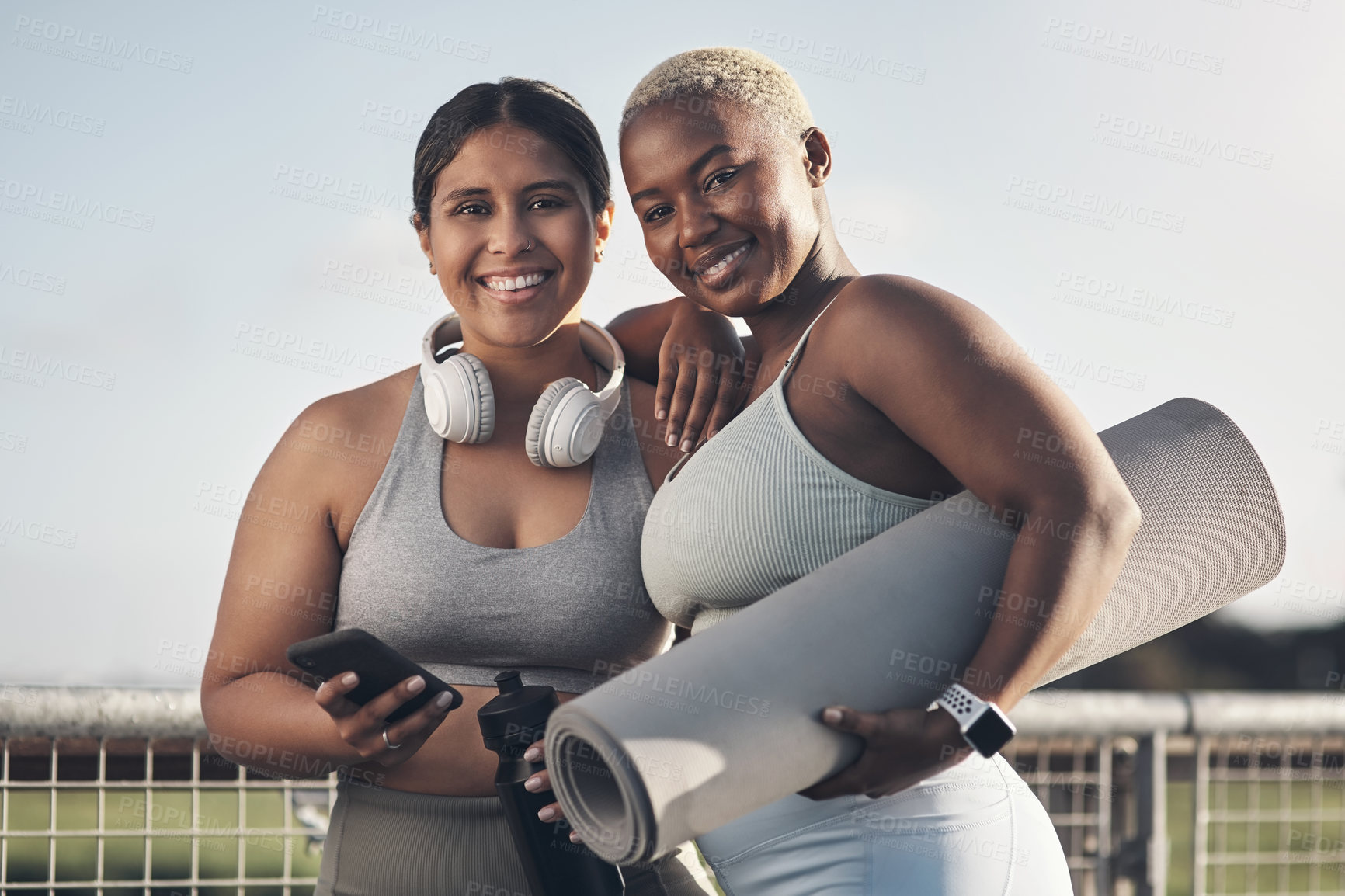 Buy stock photo Portrait of two friends out for a workout together