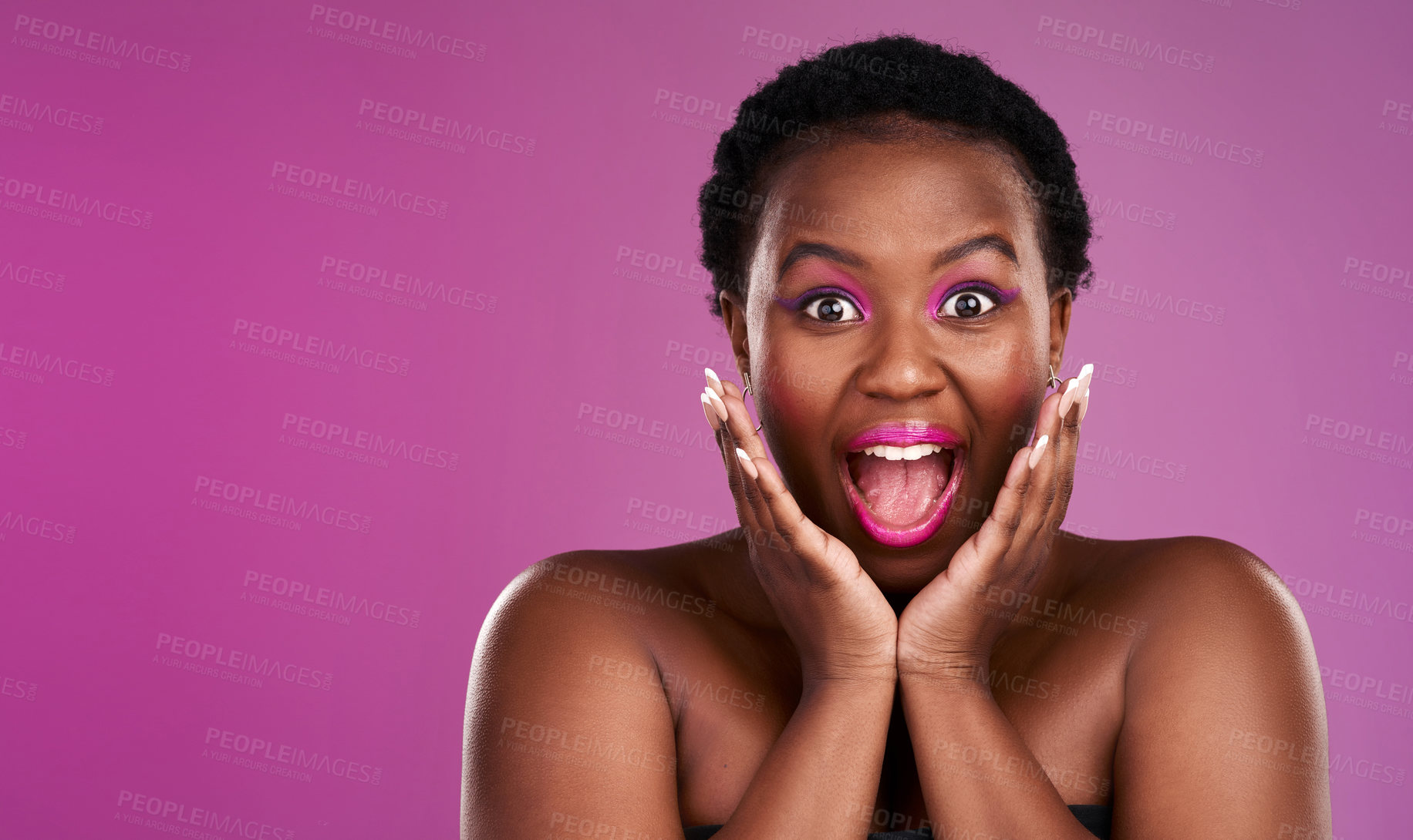 Buy stock photo Studio shot of a beautiful young woman looking surprised against a pink background