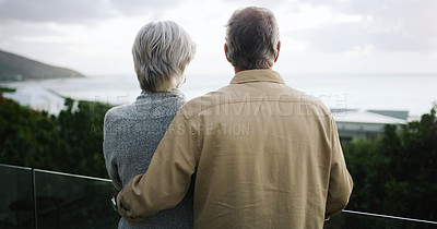 Buy stock photo Love, back and senior couple on a balcony enjoying the outdoor view while on a holiday or vacation. Travel, cloudy weather and elderly man and woman on a retirement weekend trip by a resort house.
