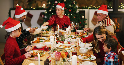 Buy stock photo Christmas, dinner or family in home for food or eating on holiday together for bonding in social gathering. Mom, father or happy grandparents sharing feast with smile to enjoy meal with kids at night