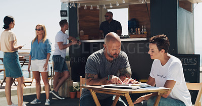 Buy stock photo Discussion, meeting and small business owners with documents at food truck for conversation, teamwork or collaboration on menu. Cafe, manager man and employee woman for planning, startup or talking