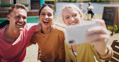 Buy stock photo Friends, people and happy in outdoor with selfie for memories on holiday, fun and break in Texas. Bonding, laugh and smile in summer vacation for adventure, travel and trip to relax and support

