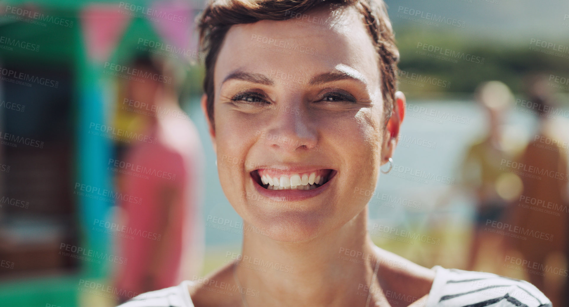 Buy stock photo Woman, closeup and portrait in park with smile for career, summer and blurred background or happiness. Saleswoman, zoom and confidence for outdoors with face for joy, sunshine in Sydney or Australia