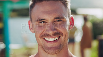 Buy stock photo Male person, portrait and park with smile for career or work, nature in park for happiness. Salesman, zoom and happen in outdoors with face for work, sunshine in Sydney or Australia in garden