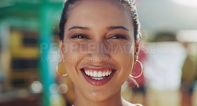 Buy stock photo Female person, portrait and park with smile for vacation, happy with cheerful or happiness. Woman, zoom and getaway in outdoors with face and joy or holiday, travel or sunshine in Australia