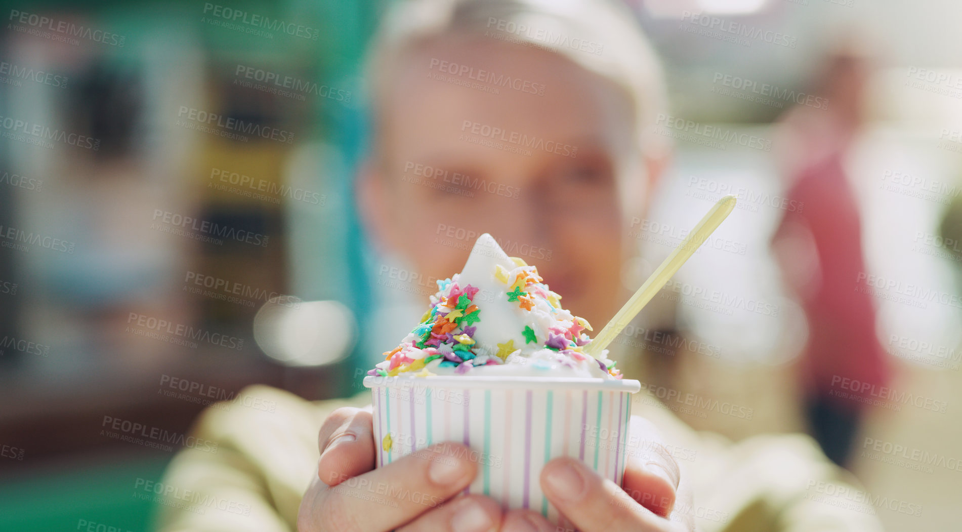 Buy stock photo Ice cream, cup and person outside for eat with plastic spoon at beach for fresh air in summer. Dessert, cold and sweet at fair in America with vacation or weekend in sunshine with tasty snack.