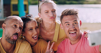 Buy stock photo Silly, friends and selfie with smartphone outdoor for bonding, profile picture or update for social media. Happy people, man and women for photo memories, image moment and weekend trip with mobile

