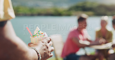 Buy stock photo Shot of an unrecognizable person carrying a bowl of ice cream