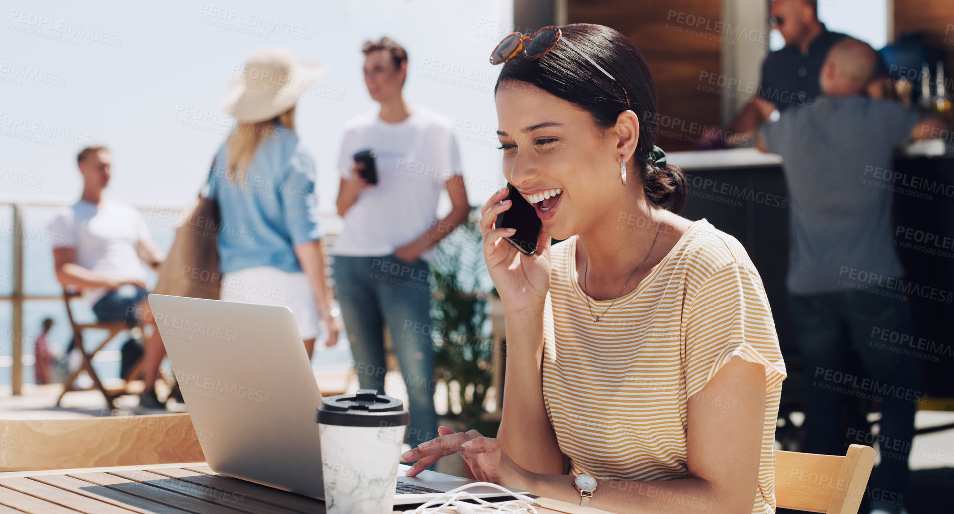 Buy stock photo Phone call, laptop and happy woman at outdoor cafe for remote work, networking or professional communication. Smartphone, computer and creative freelancer at coffee shop at lake for online project