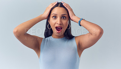 Buy stock photo Wow, surprise and studio portrait of woman with hands on head for news, announcement or prize. Shock emoji, happy and excited girl with deal for bonus, giveaway or winning attitude on grey background