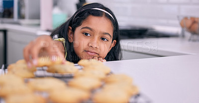 Buy stock photo Girl, cookies and snack for eating in kitchen, hungry and organic biscuit or cake in home. Female person, kid and nutrition in childhood for dessert, meal and fresh treat on diet or sweets food