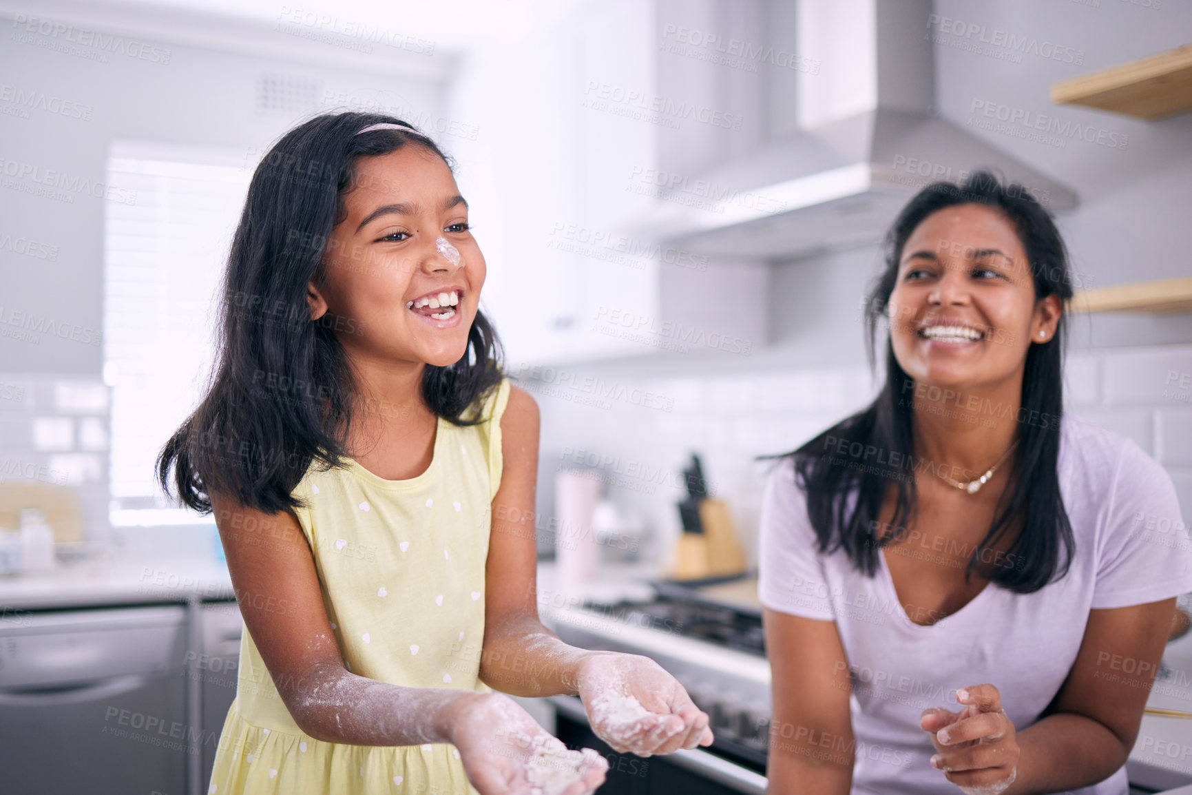 Buy stock photo Home, baking and mother with girl, teaching and happiness with hobby, flour and ingredients with fun in kitchen. Family, laugh or mama with daughter, mess or learning with childhood, smile or playing