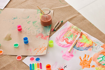 Buy stock photo Paint, paper and art project in classroom, watercolor and brush with supplies for creativity. Education, learning and craft workspace, artwork and stationary for fun with a canvas in kindergarten