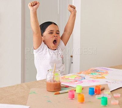 Buy stock photo Home, art and tired kid with paint at table for teaching, learning and child development. Yawn, drawing and creative kindergarten girl with fatigue, education and watercolor sketch for homeschool.