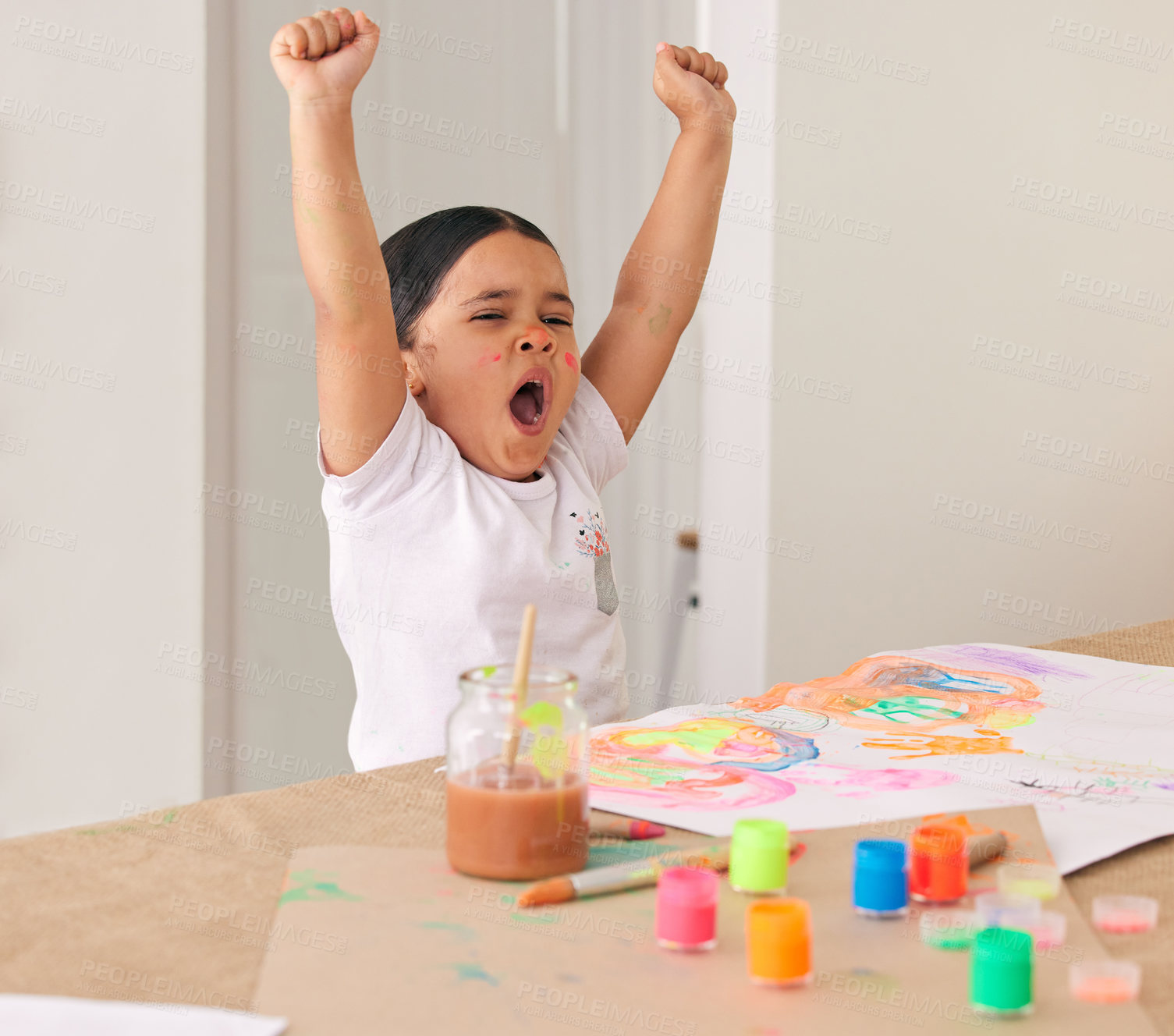 Buy stock photo Home, art and tired kid with paint at table for teaching, learning and child development. Yawn, drawing and creative kindergarten girl with fatigue, education and watercolor sketch for homeschool.