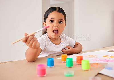 Buy stock photo Homeschool, art and kid at table with paint for teaching, learning and child development in home. Painting, drawing and color for creative kindergarten girl for fun, education and watercolor sketch.