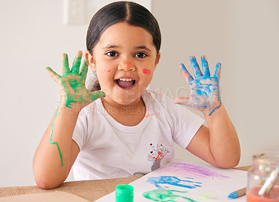 Buy stock photo Hands, painting and portrait of girl with classroom, art and learning creative expression at kindergarten. Education, color and kid with drawing, sketch or artistic shape, handprint or canvas fun