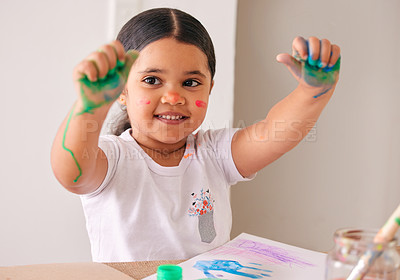 Buy stock photo Painting, hands or happy girl child in classroom for art, learning or creative expression at kindergarten. Education, palm or kid with color, splash or handprint for mothers day, craft or canvas gift