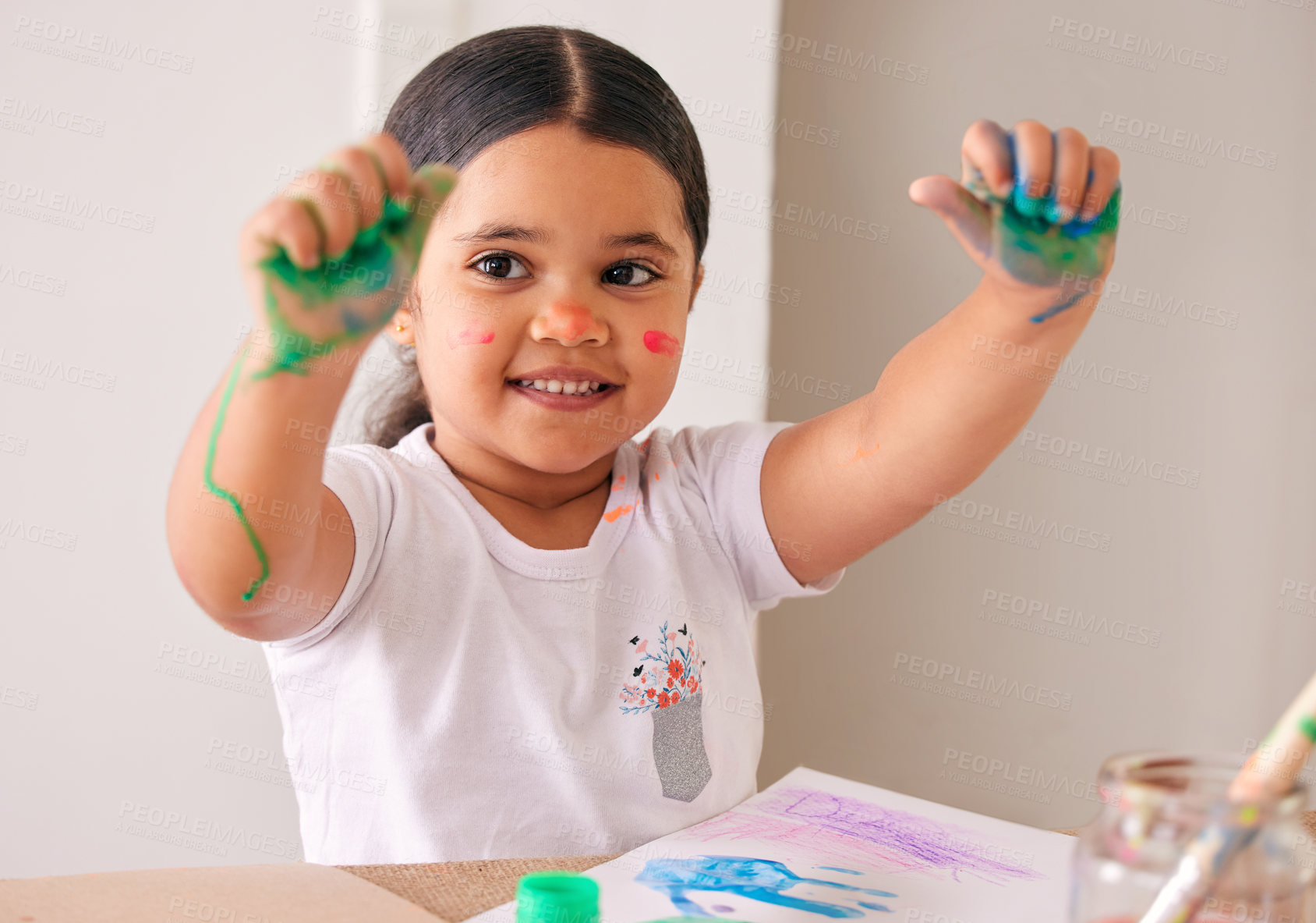 Buy stock photo Painting, hands or happy girl child in classroom for art, learning or creative expression at kindergarten. Education, palm or kid with color, splash or handprint for mothers day, craft or canvas gift