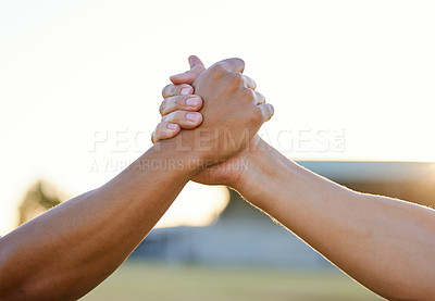 Buy stock photo Handshake, park and hands of people for support, agreement and collaboration outdoors. Friends, teamwork and closeup of greeting gesture for friendship, community and solidarity on sky background