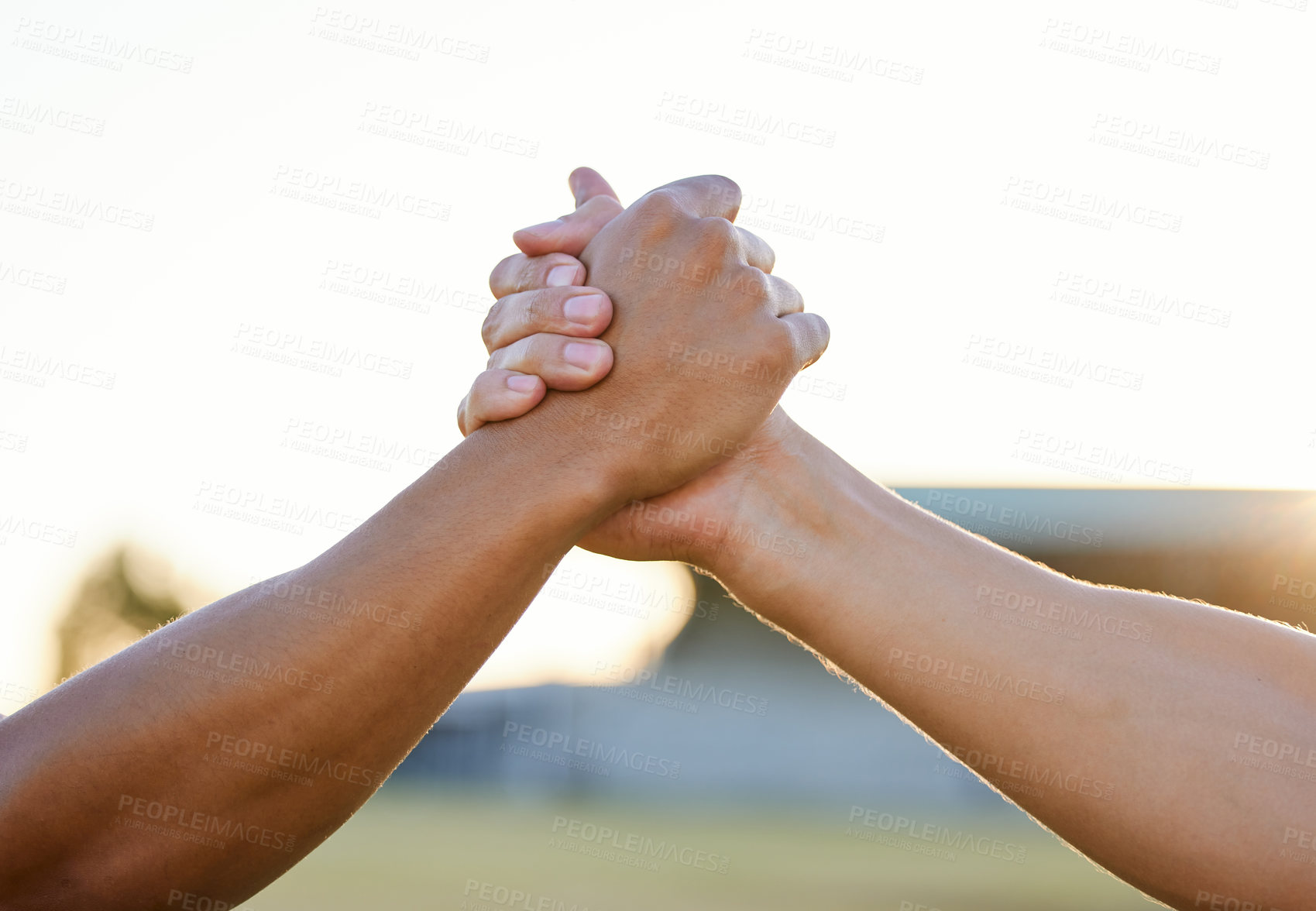 Buy stock photo Handshake, park and hands of people for support, agreement and collaboration outdoors. Friends, teamwork and closeup of greeting gesture for friendship, community and solidarity on sky background