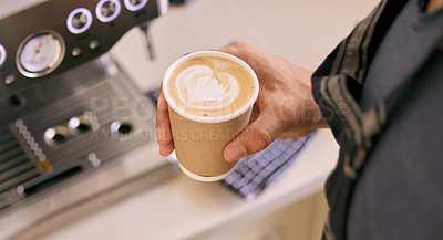 Buy stock photo Hand, person and coffee  at cafe in kitchen with cup in startup business and entrepreneur. Barista, restaurant and cappuccino from above to serve customer with steam, hot and fresh with machine 