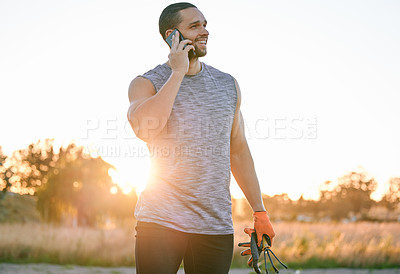 Buy stock photo Farmer, phone call and business owner in countryside with networking, conversation or b2b opportunity. Sustainability, supply chain and agro boss man with smartphone chat for agro, planning and deal