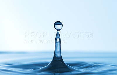 Buy stock photo Water, drop and wave with ripple for splash, bubble or liquid fall of fluid, puddle or blue aqua. Closeup of rain droplet, element or drink for hygiene, hydration or natural sustainability on mockup