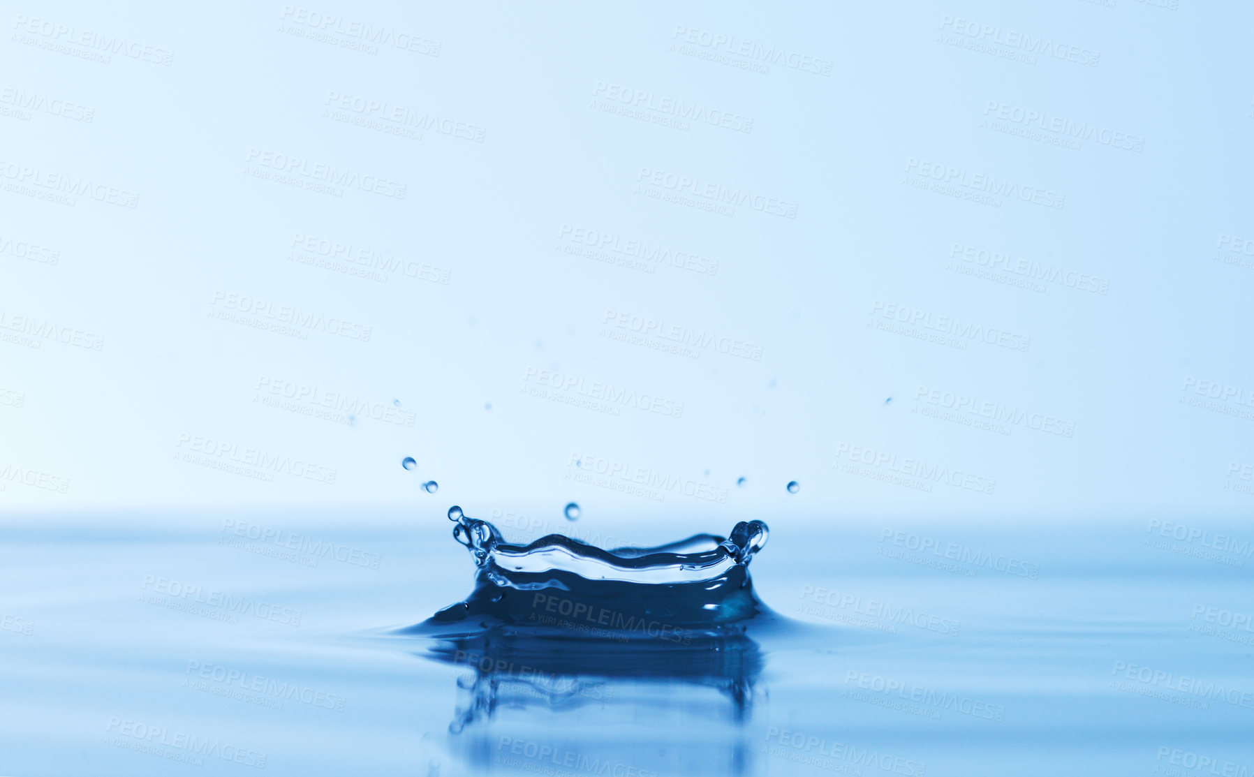 Buy stock photo Abstract, splash and puddle of water with hygiene, product and clean with mockup space and promotion. Liquid, h20 and sustainability with drops, spring and hydration with detail, empty and natural