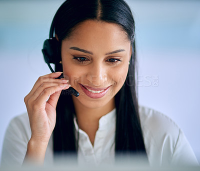 Buy stock photo Woman, headset and mic for callcenter with telecom, communication and contact us with CRM. Happy working at telemarketing agency, sales and phone call with help desk, customer service and support