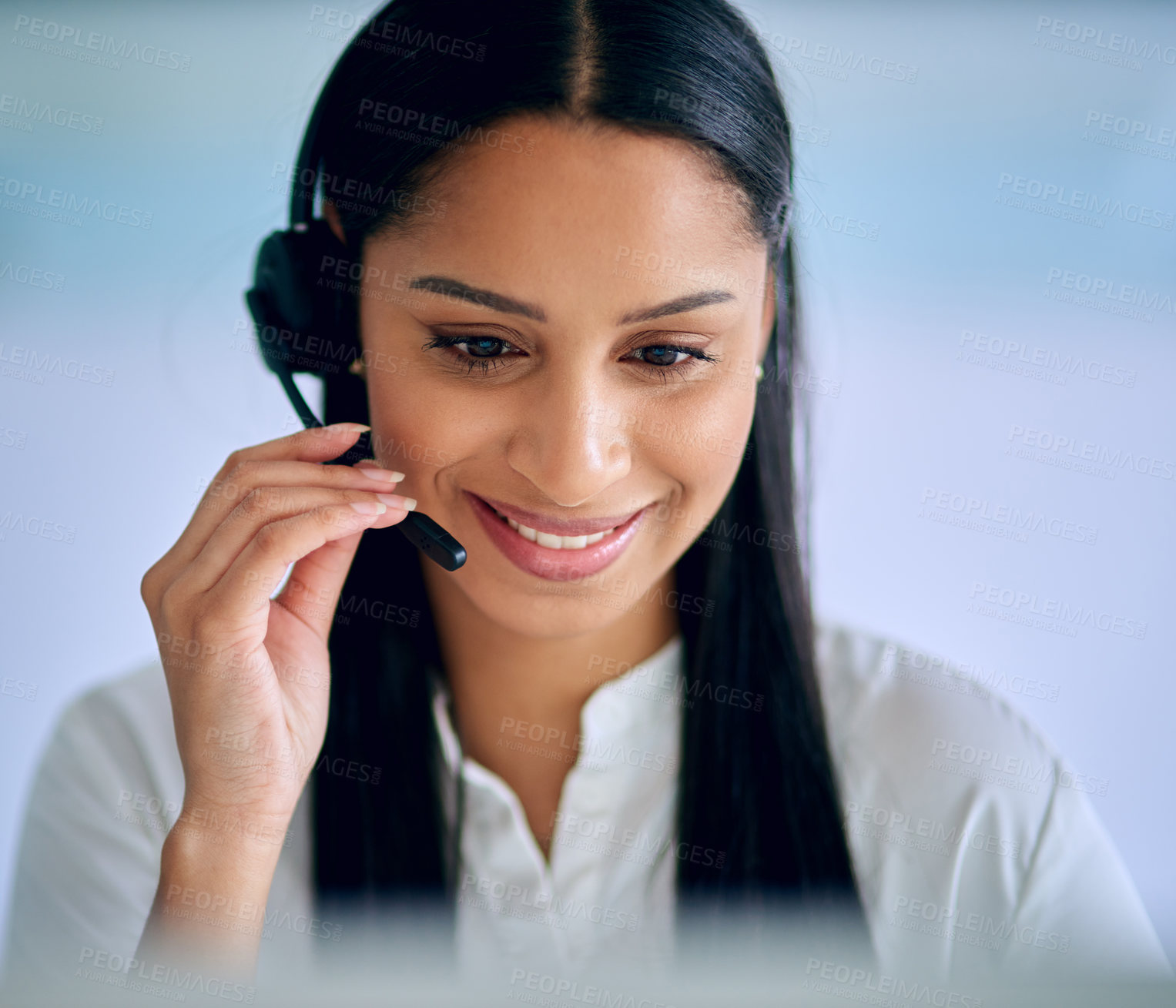 Buy stock photo Woman, headset and mic for callcenter with telecom, communication and contact us with CRM. Happy working at telemarketing agency, sales and phone call with help desk, customer service and support