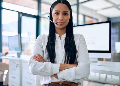 Buy stock photo Business woman, crm portrait and arms crossed with company vision, telemarketing and motivation. Success, female employee and young consultant in a contact us office with job pride and confidence