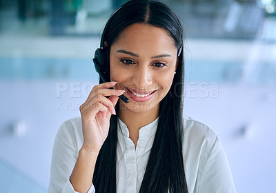 Buy stock photo Woman, headphones and mic for callcenter with telecom, communication and contact us with CRM. Happy working at telemarketing agency, sales and phone call with help desk, customer service and support