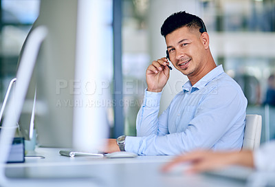 Buy stock photo Man, portrait and callcenter with headset and mic for telecom, communication and contact us with CRM. Happy working at telemarketing agency, sales and help desk agent, customer service and support