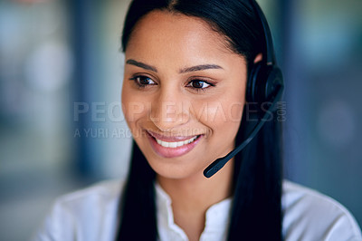 Buy stock photo Call center, woman and smile with headphones in office for customer support, communication and advice. Person, happy and technology in crm for telemarketing, digital service and help in consultation