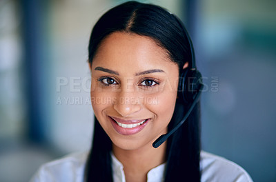 Buy stock photo Portrait, call centre and woman with headset, communication and talking for CRM. Technology, telecommunication and virtual sales for female employee, worker and customer service and help for clients
