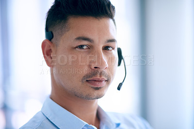 Buy stock photo Businessman, call center and headphones in portrait for customer service, support or telemarketing at office. Male person, consultant agent and headset for online advice, telesales or crm and sales
