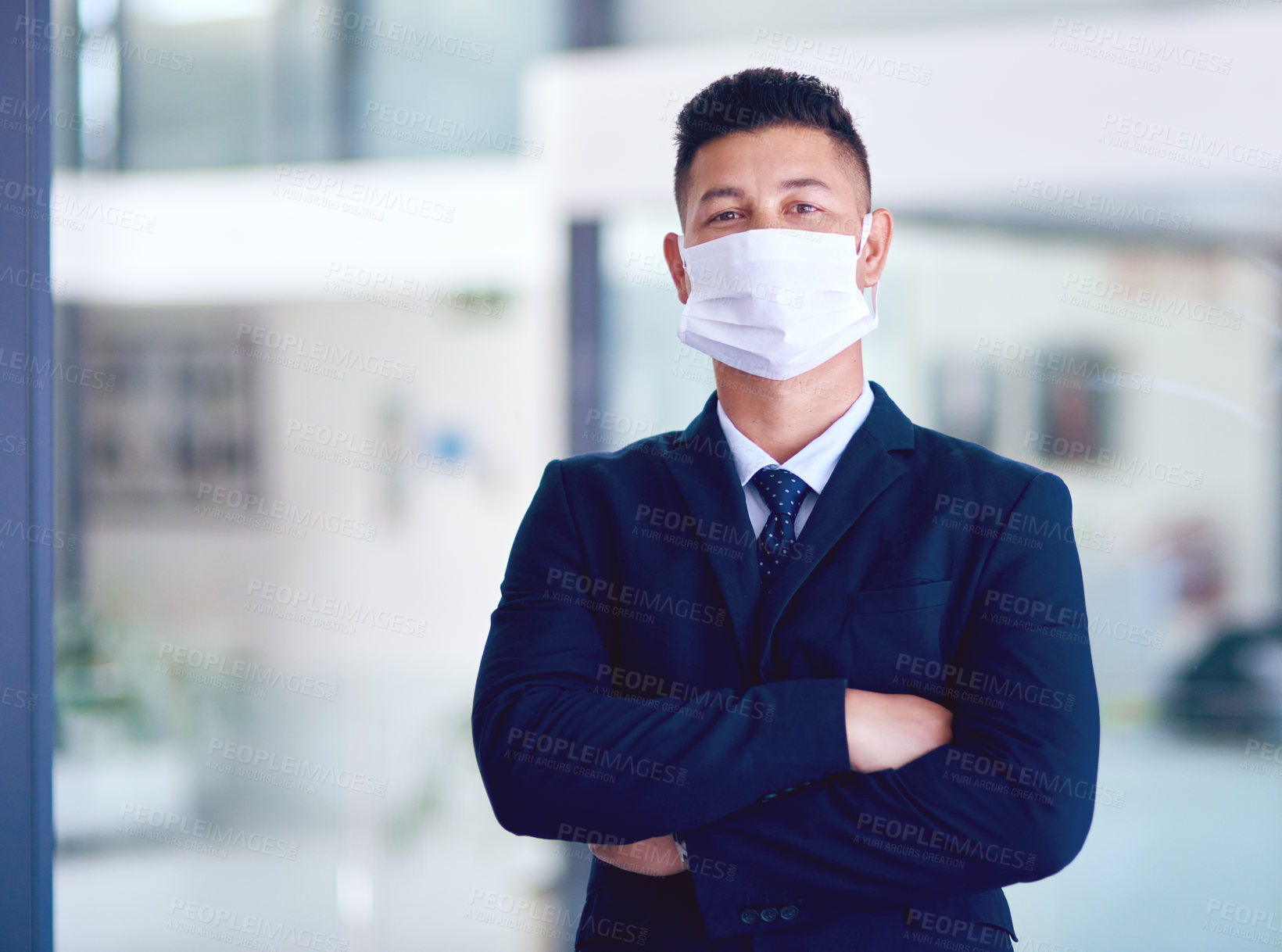 Buy stock photo Business man, face mask and portrait with arms crossed for company work, attorney and motivation. Success, male employee and professional lawyer in law firm at office with job pride and virus safety