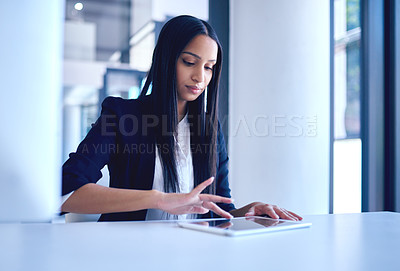 Buy stock photo Business, woman and tablet with typing, connection and website info for stock market, invest and internet. Person, broker and economist with tech, accounting and app with research, trading and email