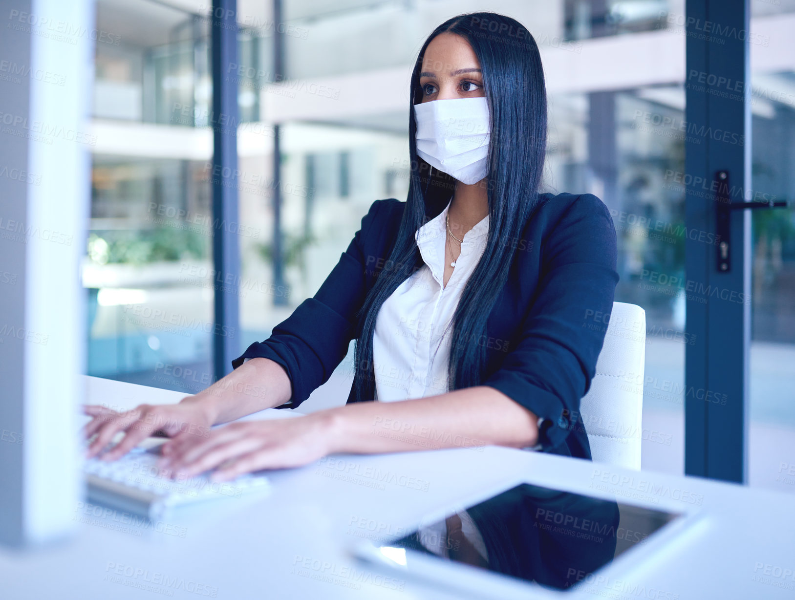 Buy stock photo Face mask, business woman and typing on computer in office for virus, allergy or sick. Covid, pc and professional on internet for safety research, health and protection of consultant from bacteria