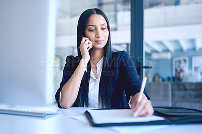 Buy stock photo Business woman, phone call and writing on lawyer contact in office with communication and planning. Working, law firm and mobile connectivity of a employee talking about company schedule document