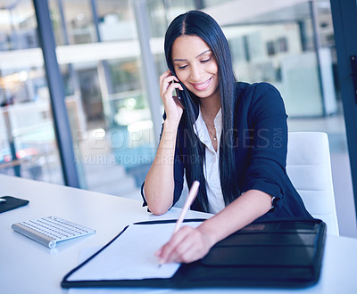 Buy stock photo Business woman, phone call and notebook writing on lawyer contact in office with communication. Working, law firm report and mobile connectivity of a employee talking about company schedule document