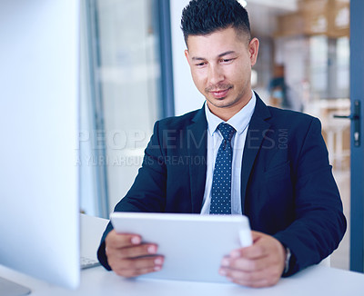 Buy stock photo Business, man and tablet with typing, internet and connection for stock market, investment and online reading. Person, employee and agent with tech, accounting or digital app with research or trading