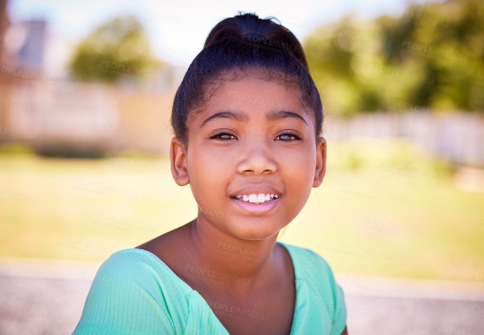 Buy stock photo Portrait of a cute young girl enjoying a day in the park