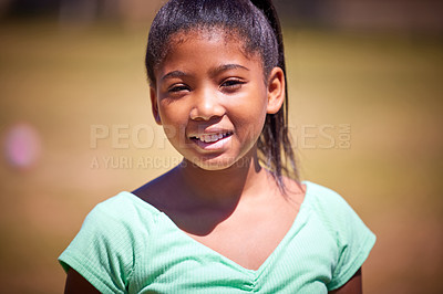 Buy stock photo Portrait, cute and little girl in park, sunshine and playing with fun, afternoon and weekend break. Face, kid and outdoor with childhood, summer and holiday with vacation, energy and nature with joy